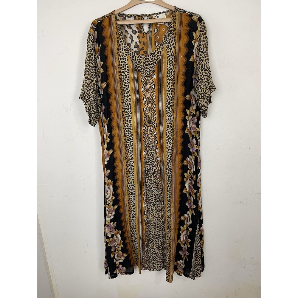 Carolina Bay Vintage Rayon Midi Dress Leopard‎ Floral Tribal Brown Mustard M